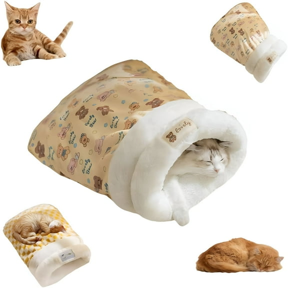 LAMIRO Cat Sleeping Bag for Indoor Cats,Soft Plush Cat Sack with Washable,Cozy Cat Bed Cave,Pet Hideaway Tunnel Cave Sleeping Bag,Pet Mat Self Warming Burrow Cat Bed for Cats (Yellow,18×14in)