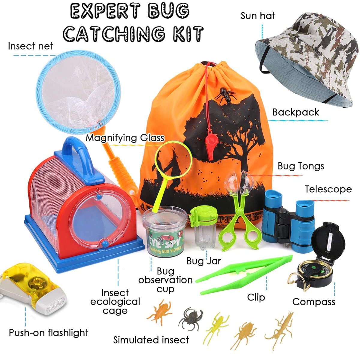 Butterfly Net Catcher Bug Catcher Backpack Bug Viewer with Magnifier Jollysweets Outdoor Exploration Kit 16 Pcs Set Binoculars,Boy and Girl Explorer Kit. 