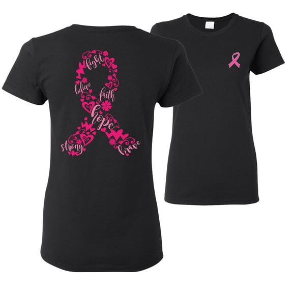 Wild Bobby, Breast Cancer Ribbon Love Hope Faith, Breast Cancer Awareness, Front and Back Women Graphic Tees, Black, Small