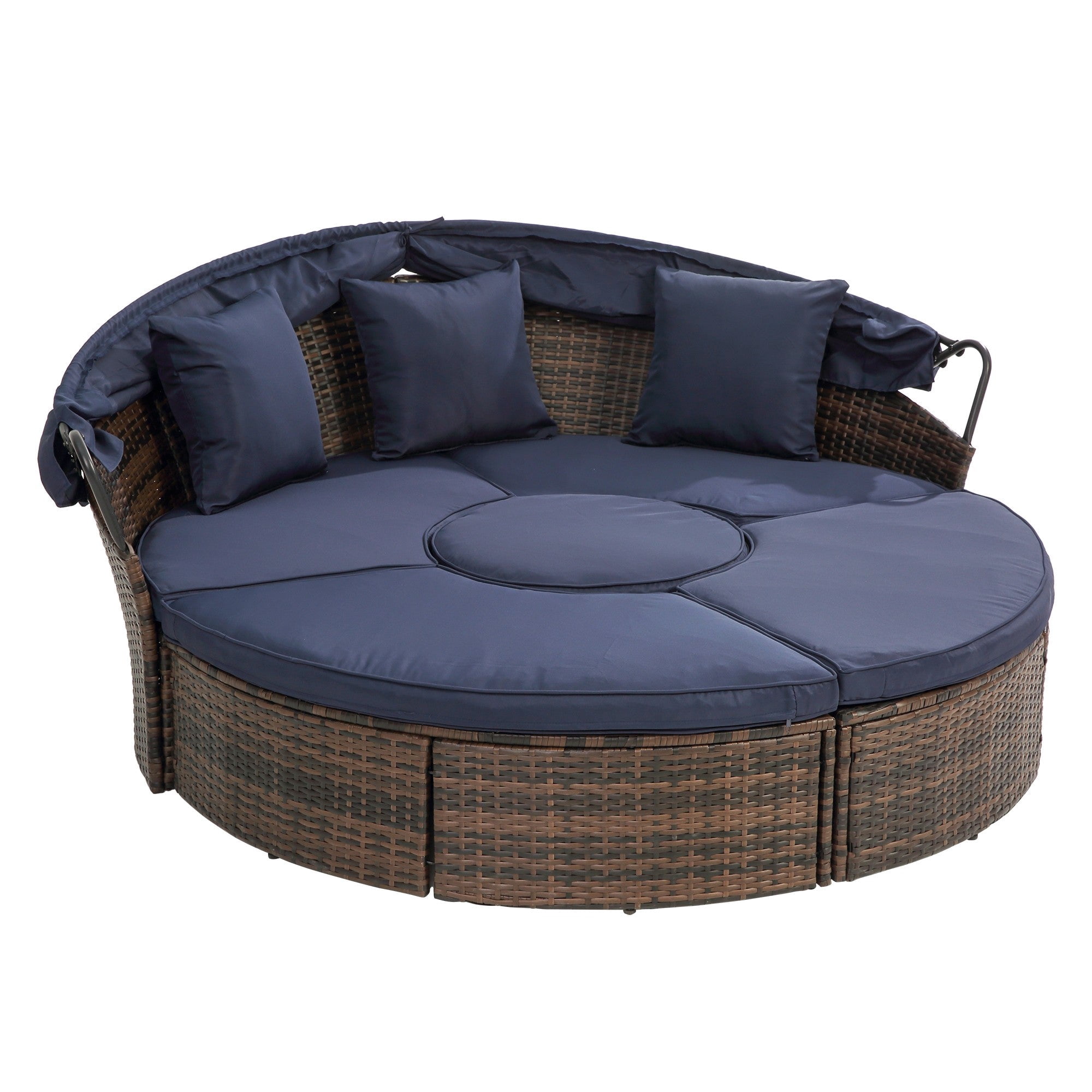 Sailvan Outdoor Sofa Bed Wicker Round Daybed with Retractable Canopy and Lift Coffee Table for Patio Poolside Navy Blue