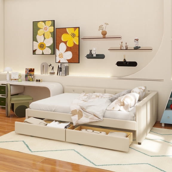 Full Size Upholstered Platform Bed with USB and 2 Drawers, Beige