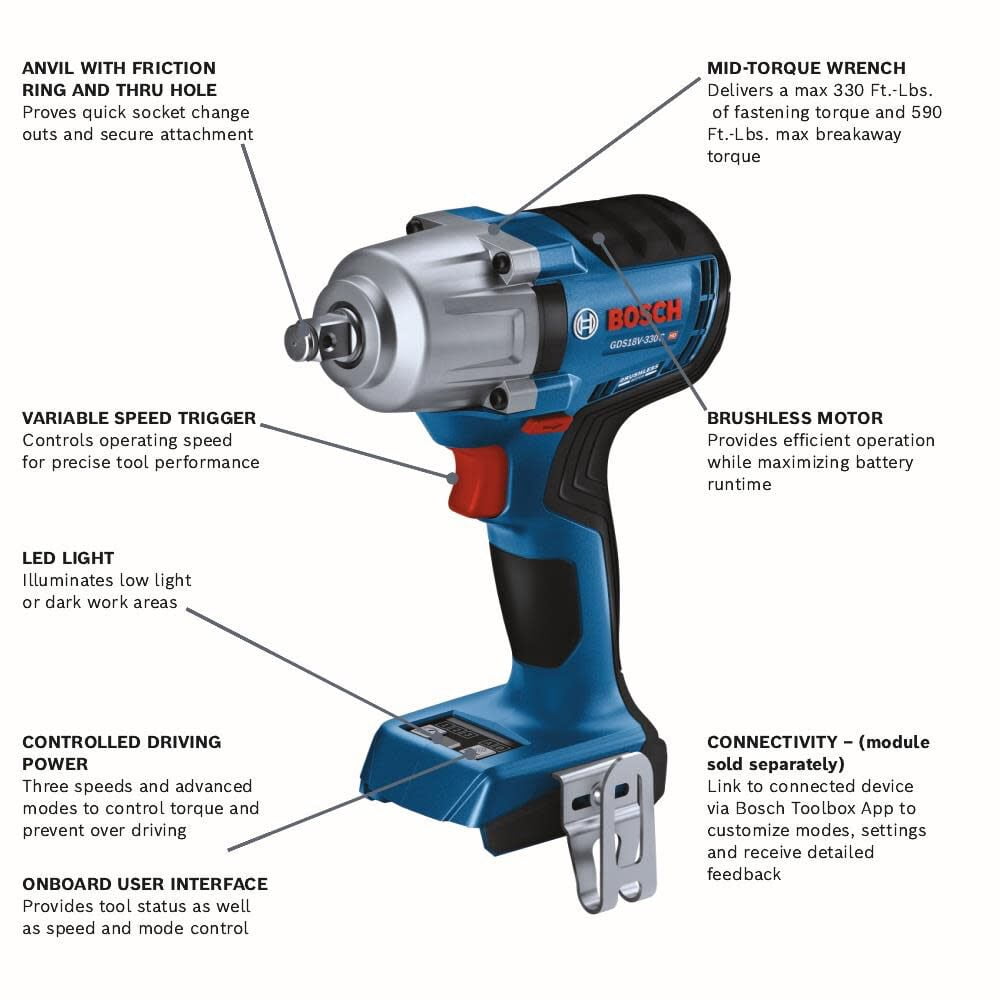 Bosch 18V 1/2" Impact Wrench With Friction Ring Mid Torque And Thru Hole Connected Ready Bare Tool