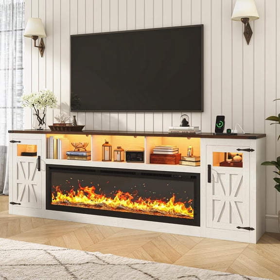 Blotout 95" Fireplace TV Stand for TVs up to 100" with 60" Electric Fireplace, Large Farmhous Media Entertainment Center w/LED Lights/Power Outlets & Barn Doors Storage Cabinet for Living Room,White