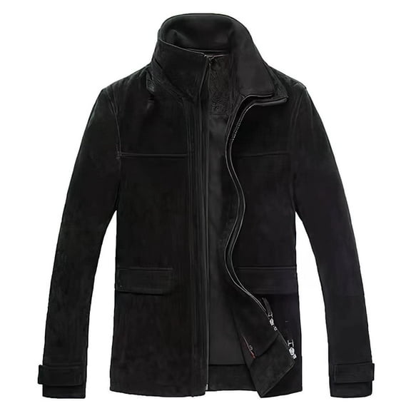 FLAVOR Men's Classic Leather Jacket Suede Winter Coat with Removable Collar (Small, Black)