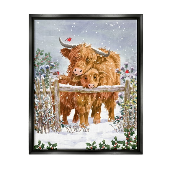 Stupell Industries Winter Cattle Cuddling Snow Scene Holiday Painting Black Floater Framed Art Print Wall Art