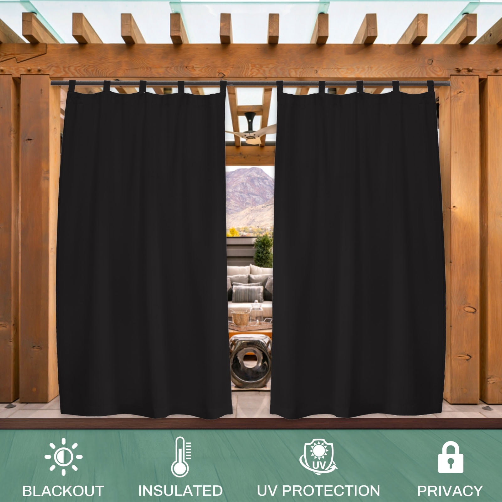 Lapalife Outdoor Patio Curtains Waterproof, Tab Top 52" x 84" Blackout Privacy Thermal Insulated Curtains for Pergola Porch, 1 Panel, Black