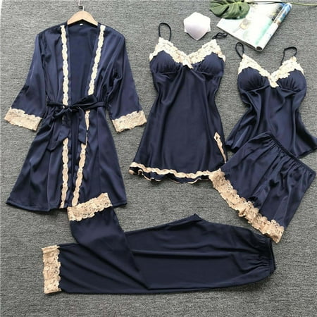 SELONE Pajamas for Women Plus Size Lingerie Lace Robe Sleeveless 5 Piece Fashion Lingerie Dress Nightdress Nightgown Sleepwear Nightgowns for Valentines Day Anniversary Wedding Honeymoon Navy XL
