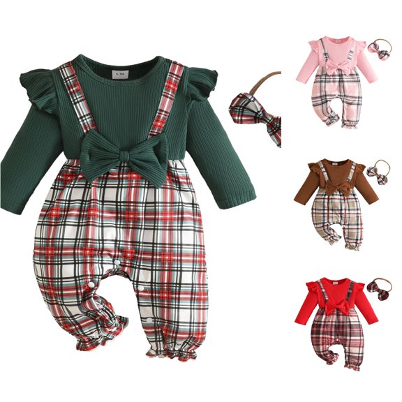 AWZXDE Girls fashion rompers Ruffle Sleeve Ribbed Knit Plaid Patchwork Rompers Toddlers clothes for girls Bow Headband Complete Outfit Set Purple - 6-9 Months