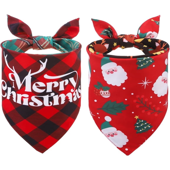 Christmas Dog Bandanas 2 Pack, Puppy Xmas Santa Claus Elk Triangle Bibs Handkerchief, Reversible Holiday Dog Bandana for Boy and Girl, Premium Pet Scarf for Small Medium Large Dogs XL