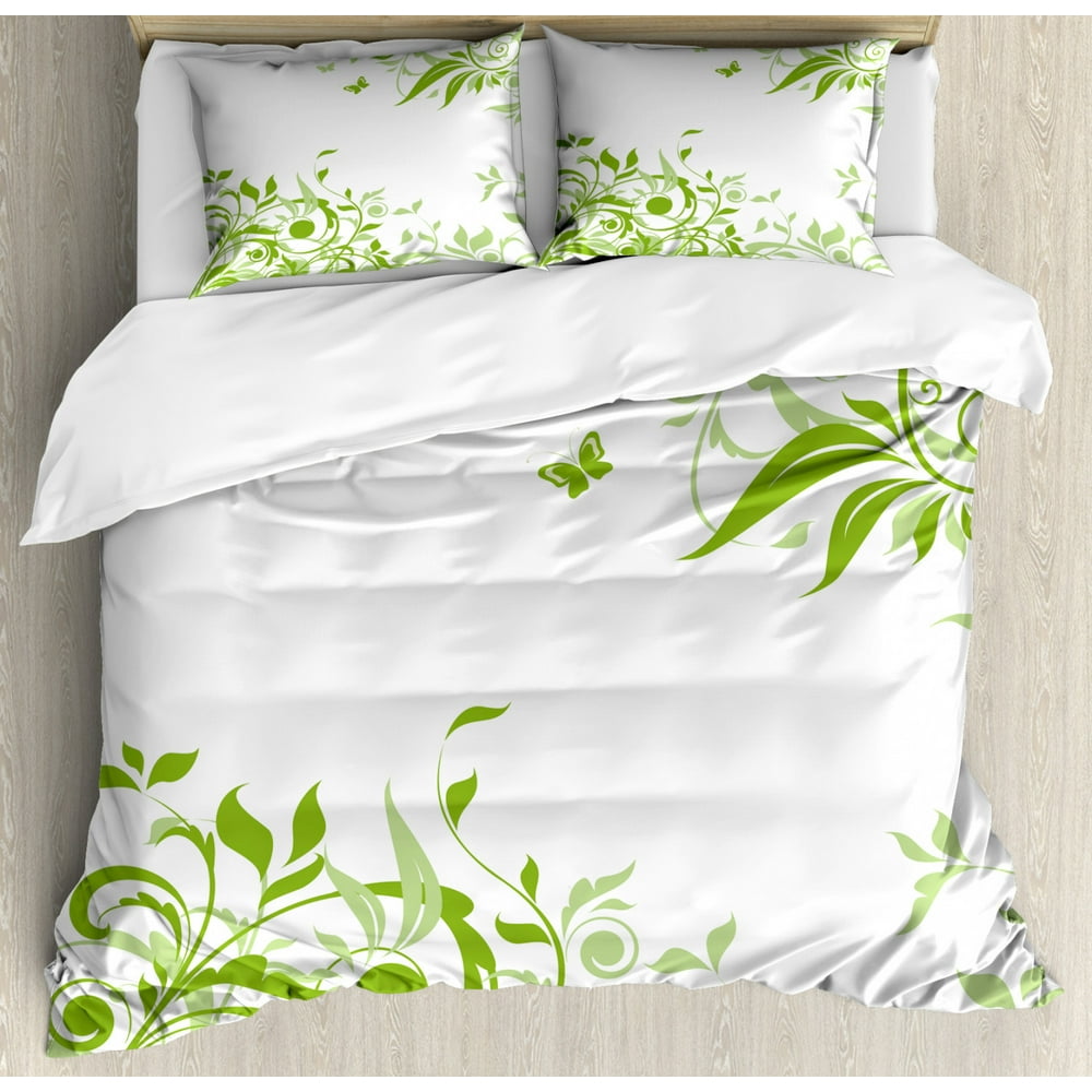 Green Duvet Cover Set Queen Size, Spring Time Theme with Victorian