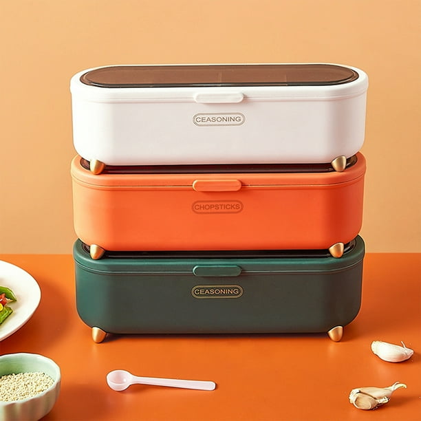 Dispensador de condimentos de 4 compartimentos con cucharas - Recipiente para almacenamiento de especias en ABS para sal, pimienta, azúcar y condimentos, 26x7,5 cm, verde/naranja/blanco