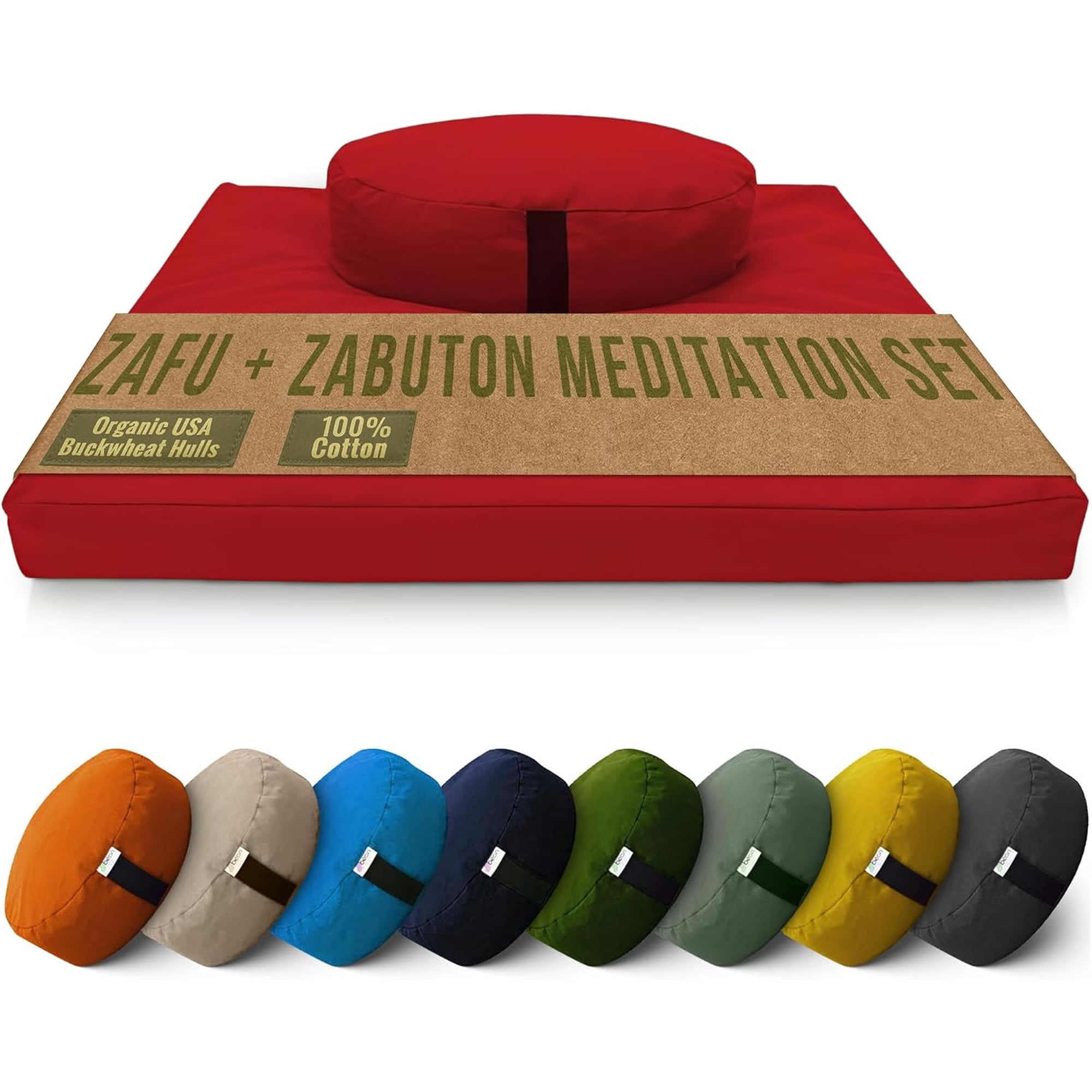 Cotton Meditation Cushion and Mat Set - Organic Buckwheat Filled Oval Zafu Meditation Pillow and Cotton Filled Zabuton Floor Pad - Made in USA Red