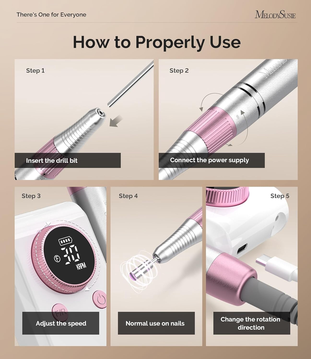 MelodySusie Professional Nail Drill, SC330G 2 in 1 Electric Nail File with Kickstand,  30000 RPM Portable Cordless Nail Machine for Manicure Acrylic Gel Polishing, Rose