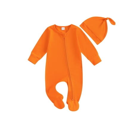 

NZNDSHD Baby Girls Boys Footies Rompers Infant Clothes Solid Color Crew Neck Long Sleeve Zipper Fall Bodysuits with Hat