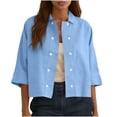 thumbnail image 3 of Summer Casual Beach Linen Blend 3/4 Sleeve Collared Double Button Tops Womens Loose Cropped Cardigan Blouses, #02 Light Blue, S, 3 of 7