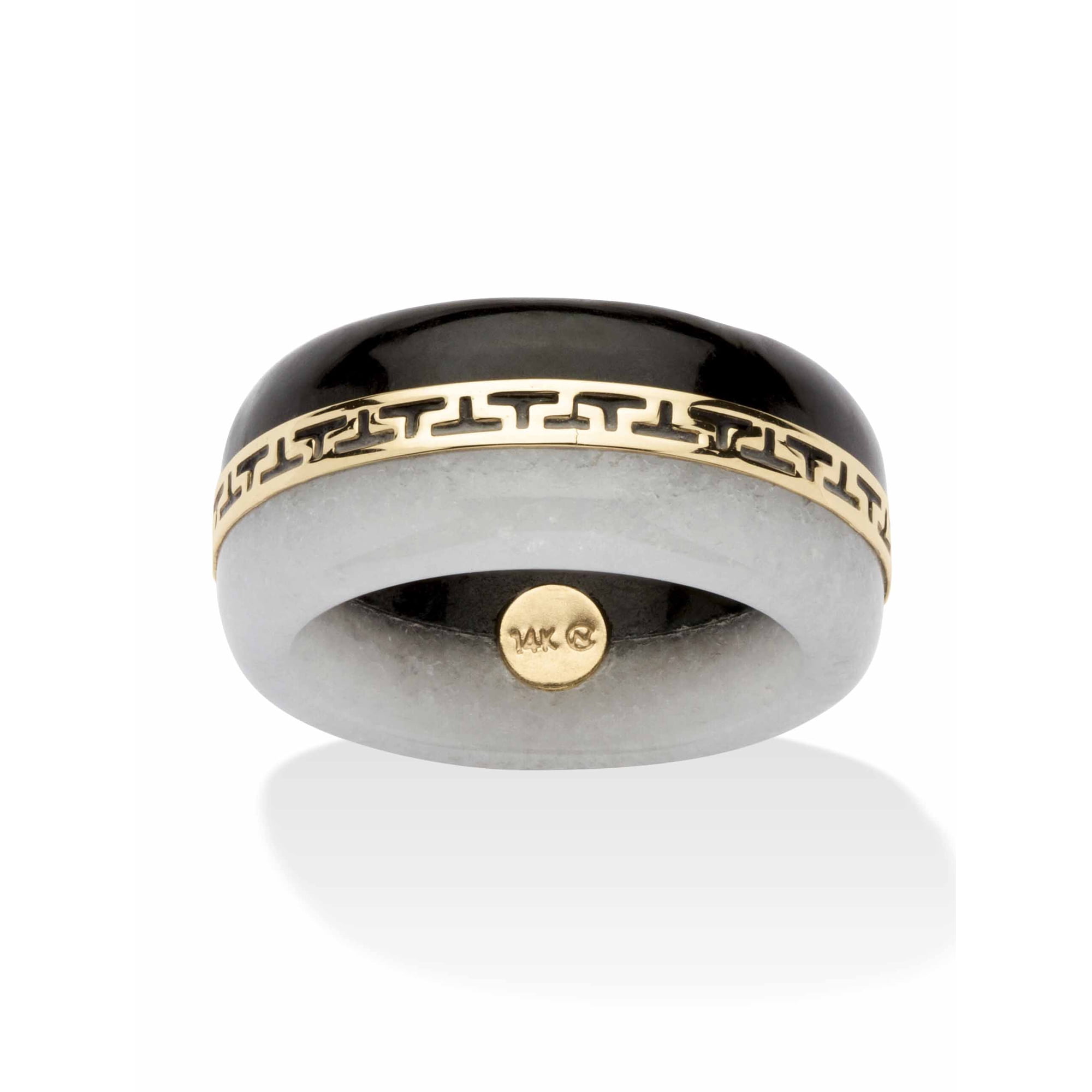 PalmBeach Jewelry Round Black and White Genuine Jade 14k Yellow Gold "Greek Key" Ring