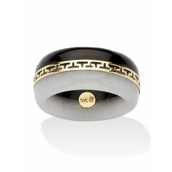 PalmBeach Jewelry Round Black and White Genuine Jade 14k Yellow Gold "Greek Key" Ring