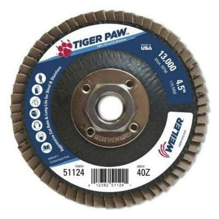 UPC: 0012382511241 | Type 29 Tiger Paw Angled Flap Discs  4 1/2   40 Grit  5/8 Arbor  13 000 rpm