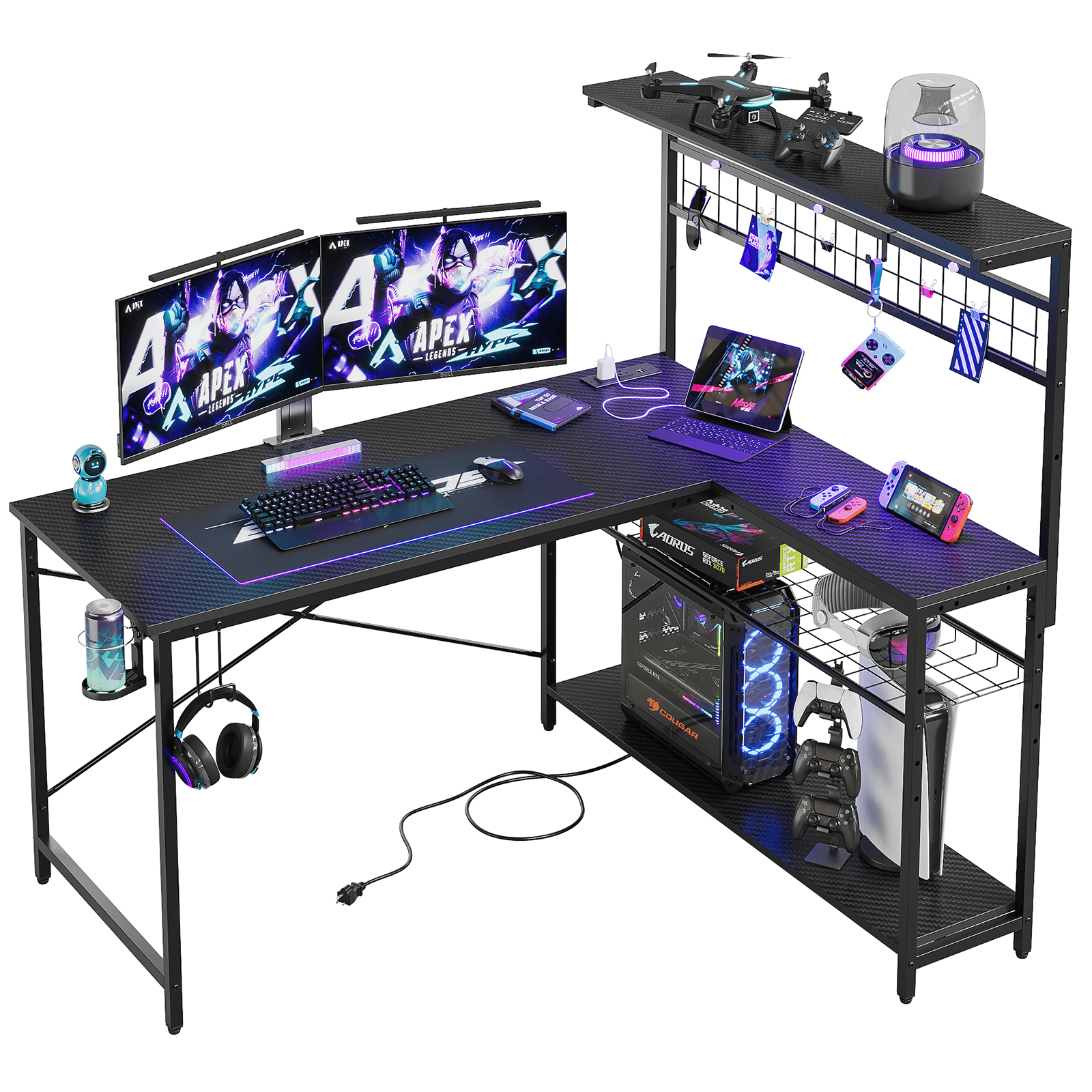 Bestier 51-Inch L-Shaped Gaming Desk with Power Outlets, LED Workstation, 4-Tier Shelves, Carbon Fiber Finish