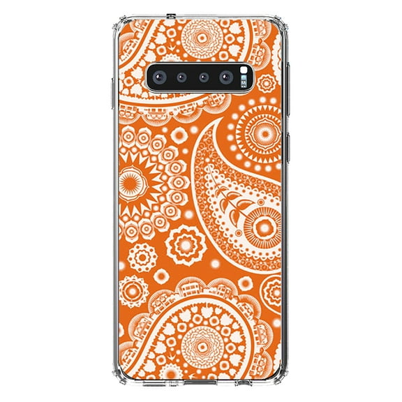 DistinctInk Clear Shockproof Hybrid Case for Samsung Galaxy S10 (6.1" Screen) - TPU Bumper, Acrylic Back, Tempered Glass Screen Protector - Orange White Paisley