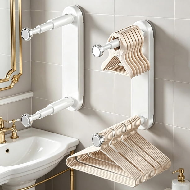 Organizador de pared con ventosas y colgador – Estante de almacenamiento telescópico sin taladro para balcón, baño y cocina.