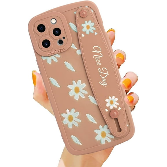 iPhone 13 Pro Max Case with Strap, Floral Case Daisy Flower Pattern Design Phone Cover for Women, Wristband Kickstand Soft TPU Full Body Protective Case - Pink