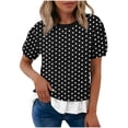 thumbnail image 2 of WAGUTH Women's Polka Dot Print Tops Crew Neck Puff Short Sleeve Casual Blouses with Ruffle Hem for Daily Wear,Black,XL, 2 of 7