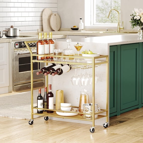 Gold Bar Cart with Wine Rack and Glass Holder, 2-Tier Kitchen Serving Cart for Home Dining Room Living Room