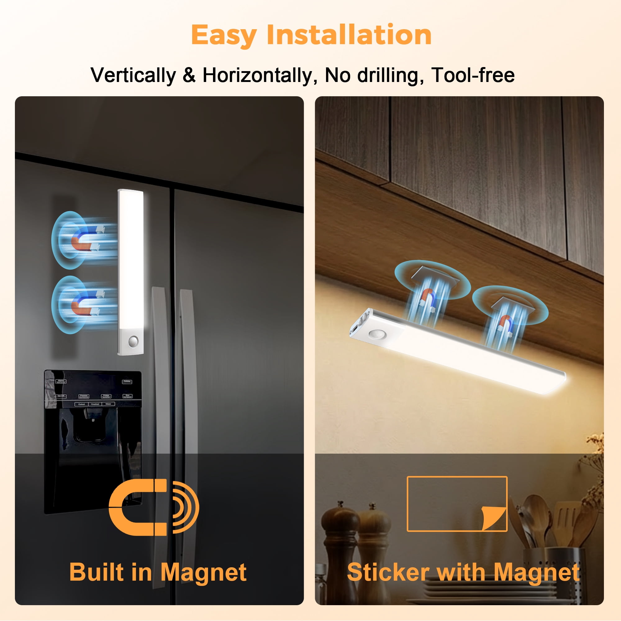 AIRTOK Under Cabinet Lighting - 4 Pack, Motion Sensor, Rechargeable, Magnetic Easy Installation, 3 Color Temps & 5 Brightness - LED Closet Lights