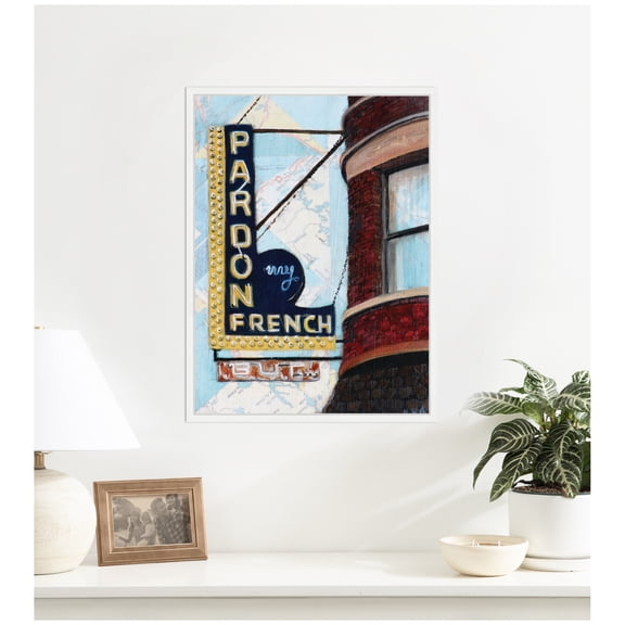 Kate and Laurel Framed Canvas Wall Art Print Pardon My French by Krista V. Allenstein, 18 x 24 Sylvie White Frame, Vintage, Architecture Art for Wall Decor