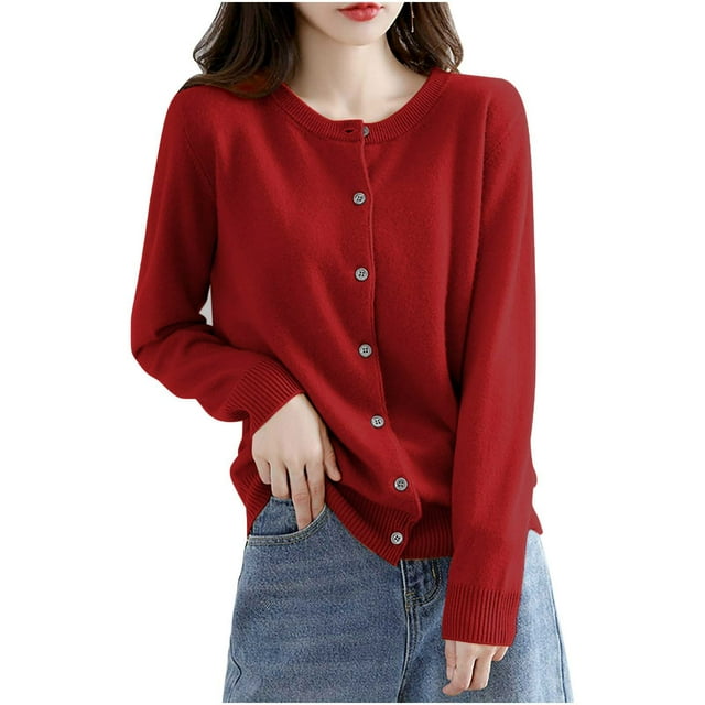 UAMVSH Cardigan Court à Col Rond Boutonné pour Femmes Automne Décontracté Léger Manches Longues Vestes en Tricot (TG, Vin)
