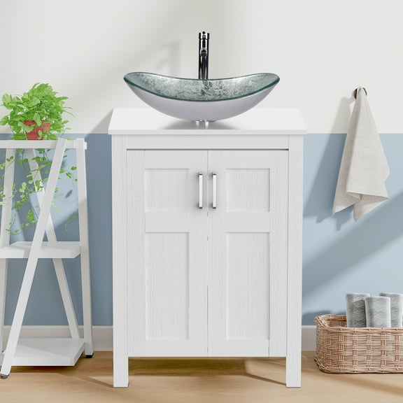 FULLWATT 24" Bathroom Wood Vanity Cabinet Storage Counter-top Vessel Sink Pop Up Combo