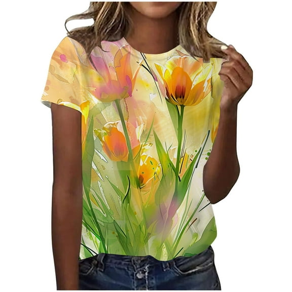 Zylarhe Womens Summer Tops Women's Graphic Print Round Neck Short Sleeve Casual T-Shirt Comfortable Soft Tee Stylish Everyday Top