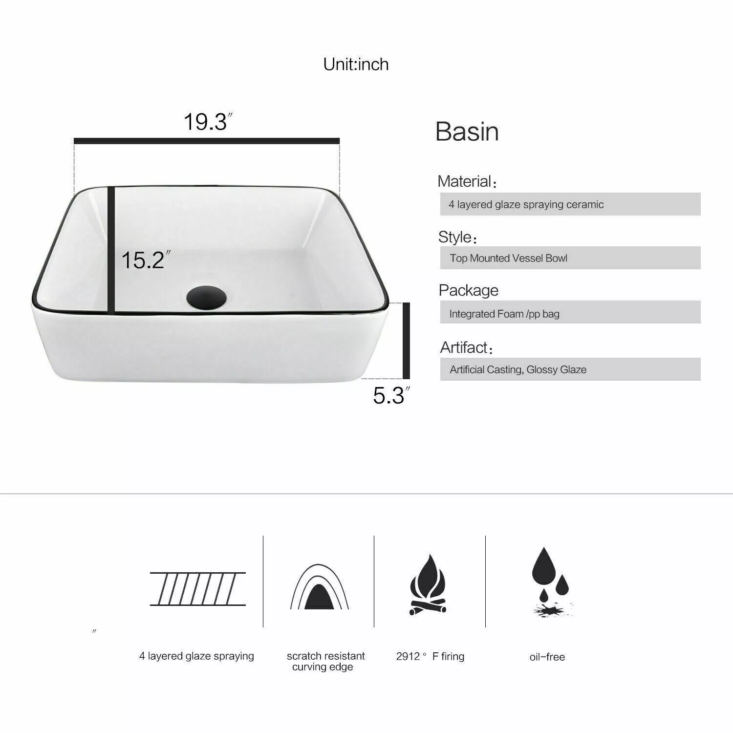 FULLWATT Bathroom Ceramic Sink Vanity Vessel Basin Porcelain Faucet Drain Combo Rectangle,White