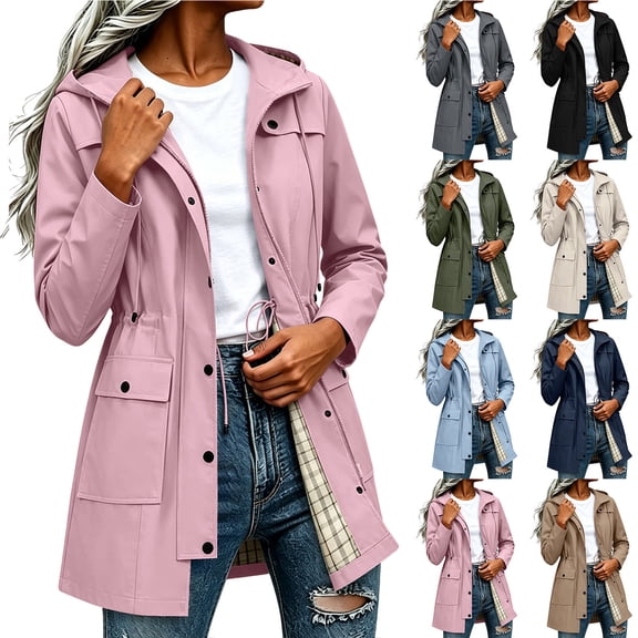 Zpzdpjkx Women's Waterproof Hooded Trench Coat Trendy Mid-Length Lightweight Rain Jacket with Plaid Lining and Drawstring Waist