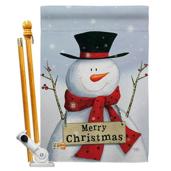 Breeze Decor BD-XM-HS-114191-IP-BO-D-US18-SB 28 x 40 in. Joyful Snowman Winter Christmas Impressions Decorative Vertical Double Sided House Flag Set & Pole Bracket Hardware