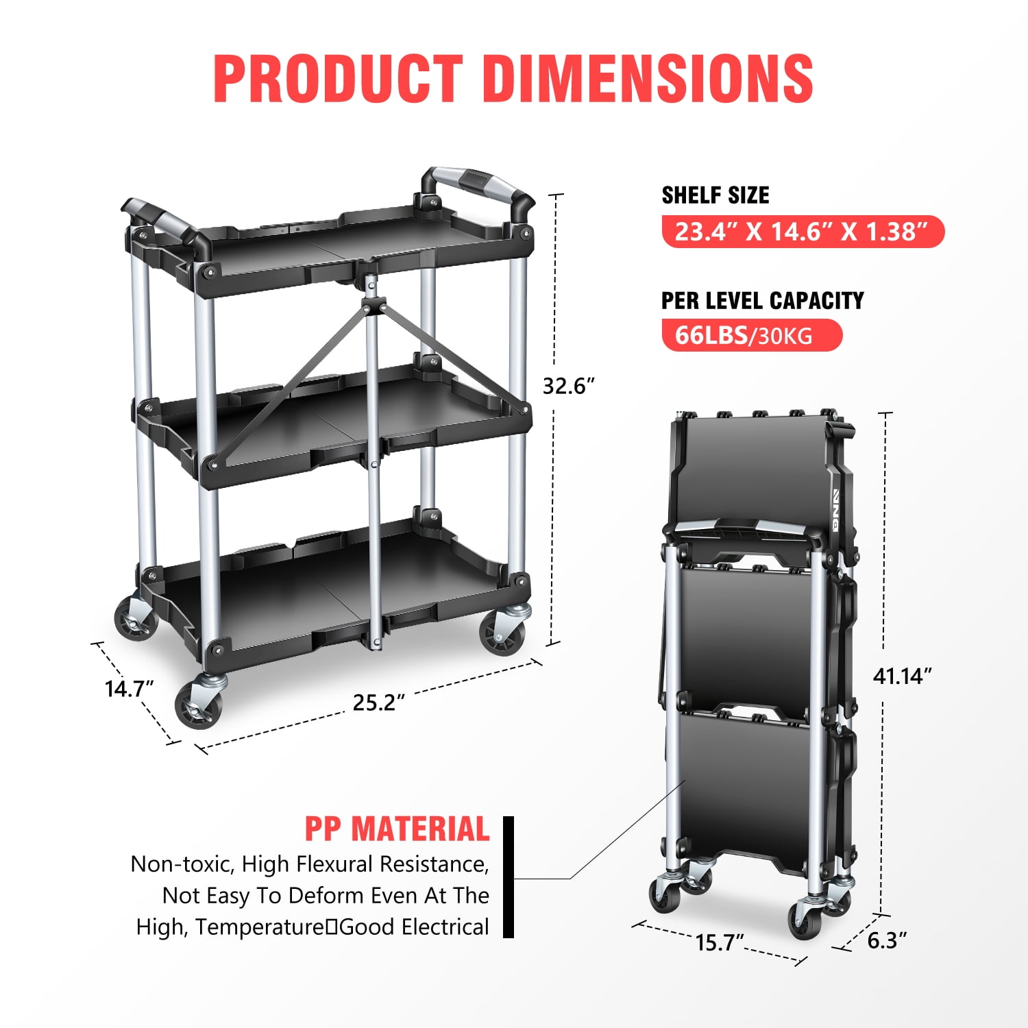 DNA MOTORING TOOLS-00430 3 Tier Folding Rolling Service CartCollapsible Utility Cart for Warehouse Workshops Restaurants