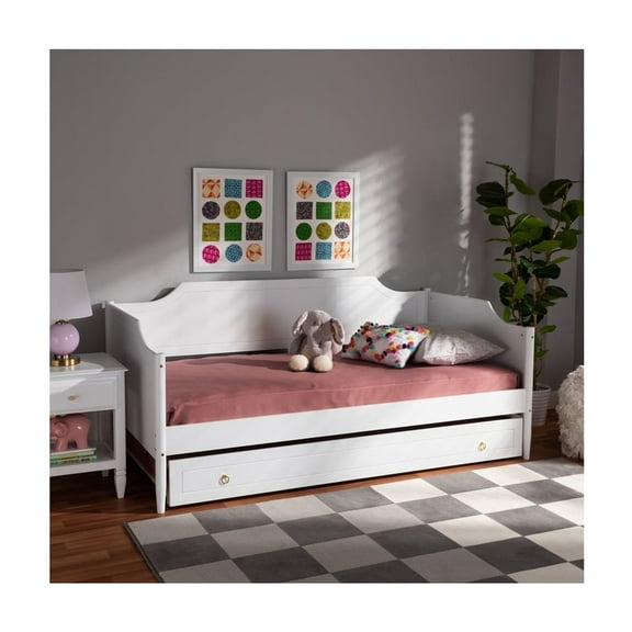 White Twin Daybed with Trundle - Finished Wood Frame & Spindles - Lounging & Sleeping