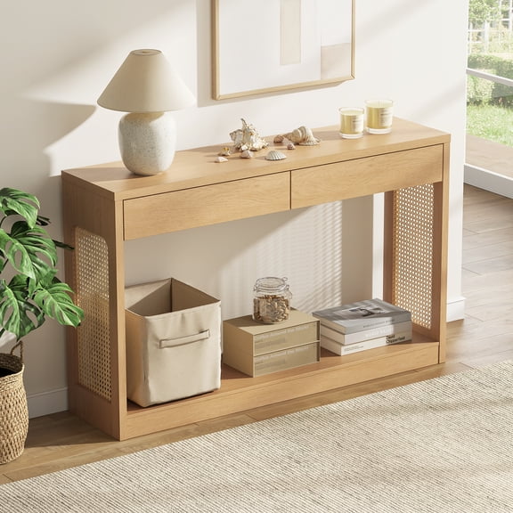 SIKAIC 47" Boho Rattan Console Table with 2 Drawers and Open Shelf,Wood Entryway Table,Sofa Table Behind Couch for Hallway Living Room,Natural Oak