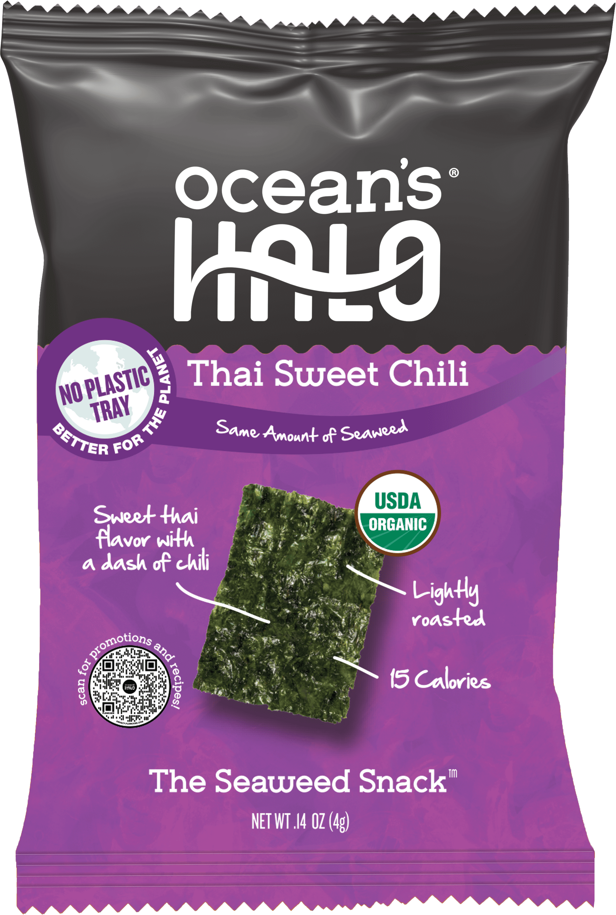 (10 pack) Ocean's Halo, Organic Trayless Seaweed Snack, Thai Sweet Chili, Vegan, Shelf-Stable Nori, No Plastic Tray, 0.14 oz