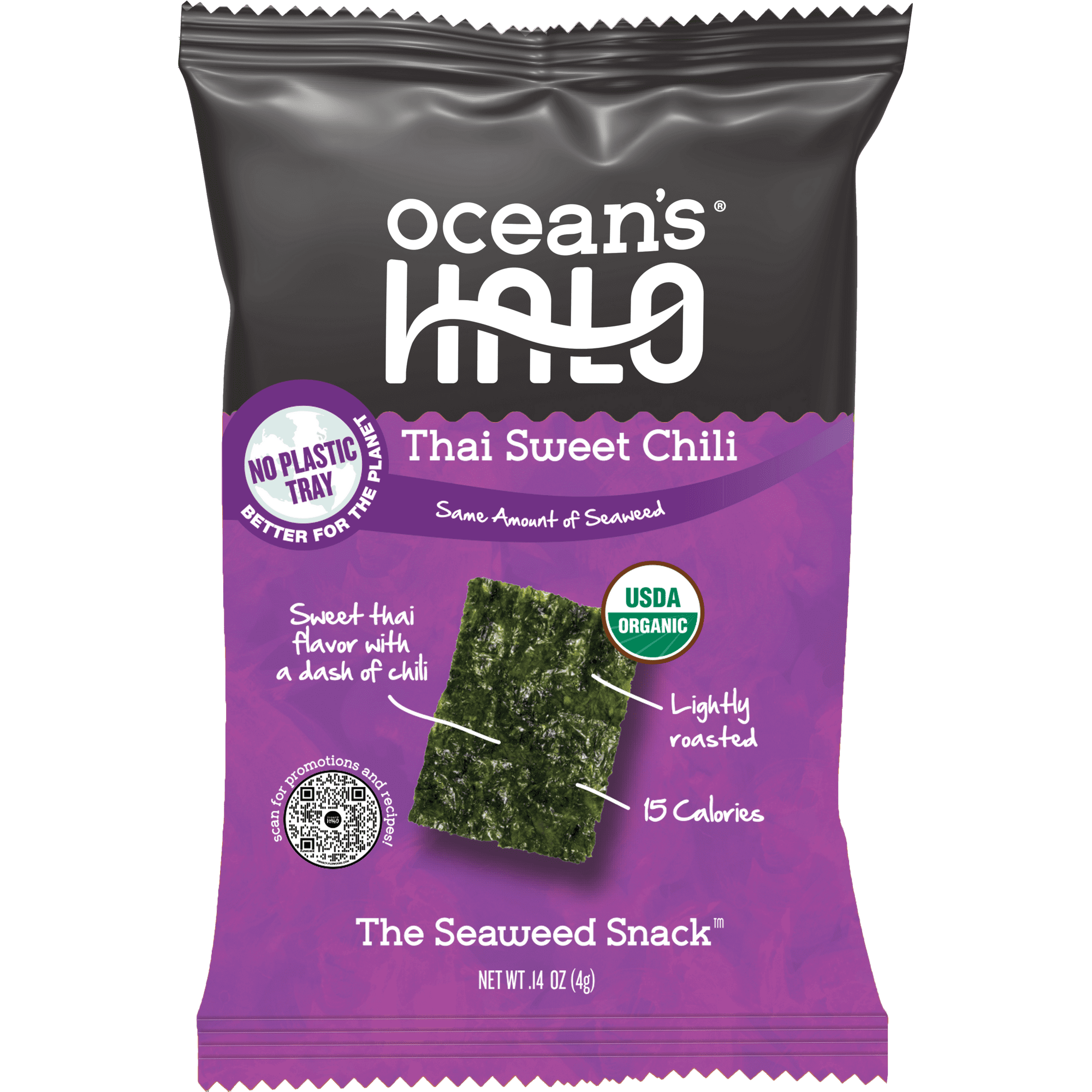 Ocean's Halo, Organic Trayless Seaweed Snack, Thai Sweet Chili, Vegan, Shelf-Stable Nori, No Plastic Tray, 0.14 oz