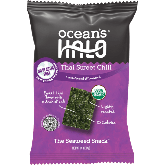 Ocean's Halo, Organic Trayless Seaweed Snack, Thai Sweet Chili, Vegan, Shelf-Stable Nori, No Plastic Tray, 0.14 oz