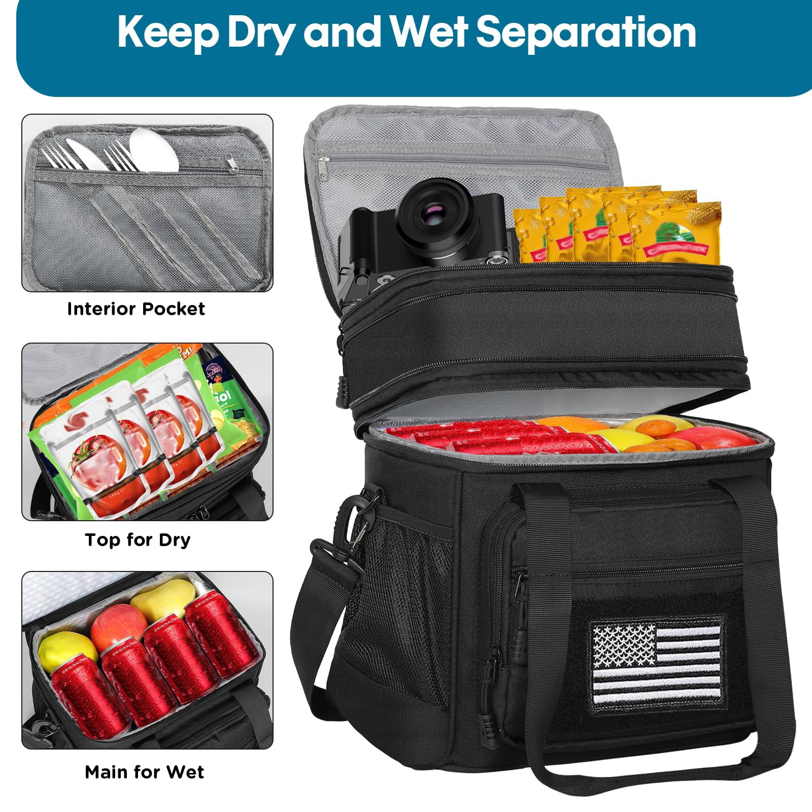 Lunch Box Cooler Bag - Expandable Insulated For Men Women Large Lunchbox Adults Work Shifts Outdoor Trips Black With Flag 16l