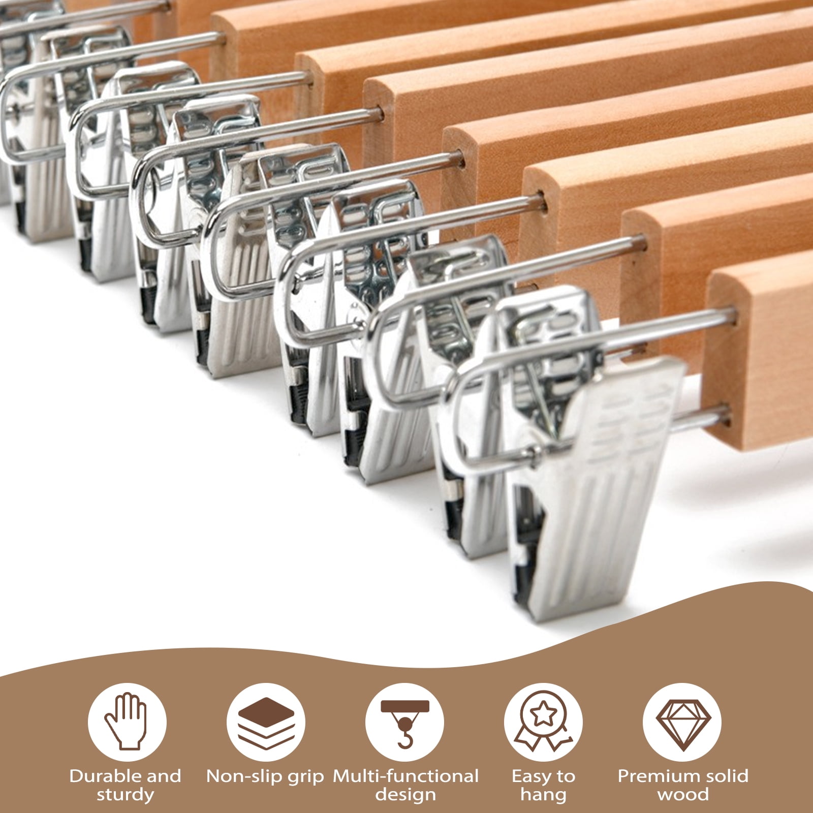 GIRACOA 20 Pack Wood Pants Hangers with Non-Slip Cushion Clips, 13-Inch Wooden Skirt Clamps for Trousers, Jeans, Slacks, & Bottoms – for Closet Organization, Space Saving, 360° Swivel Hook