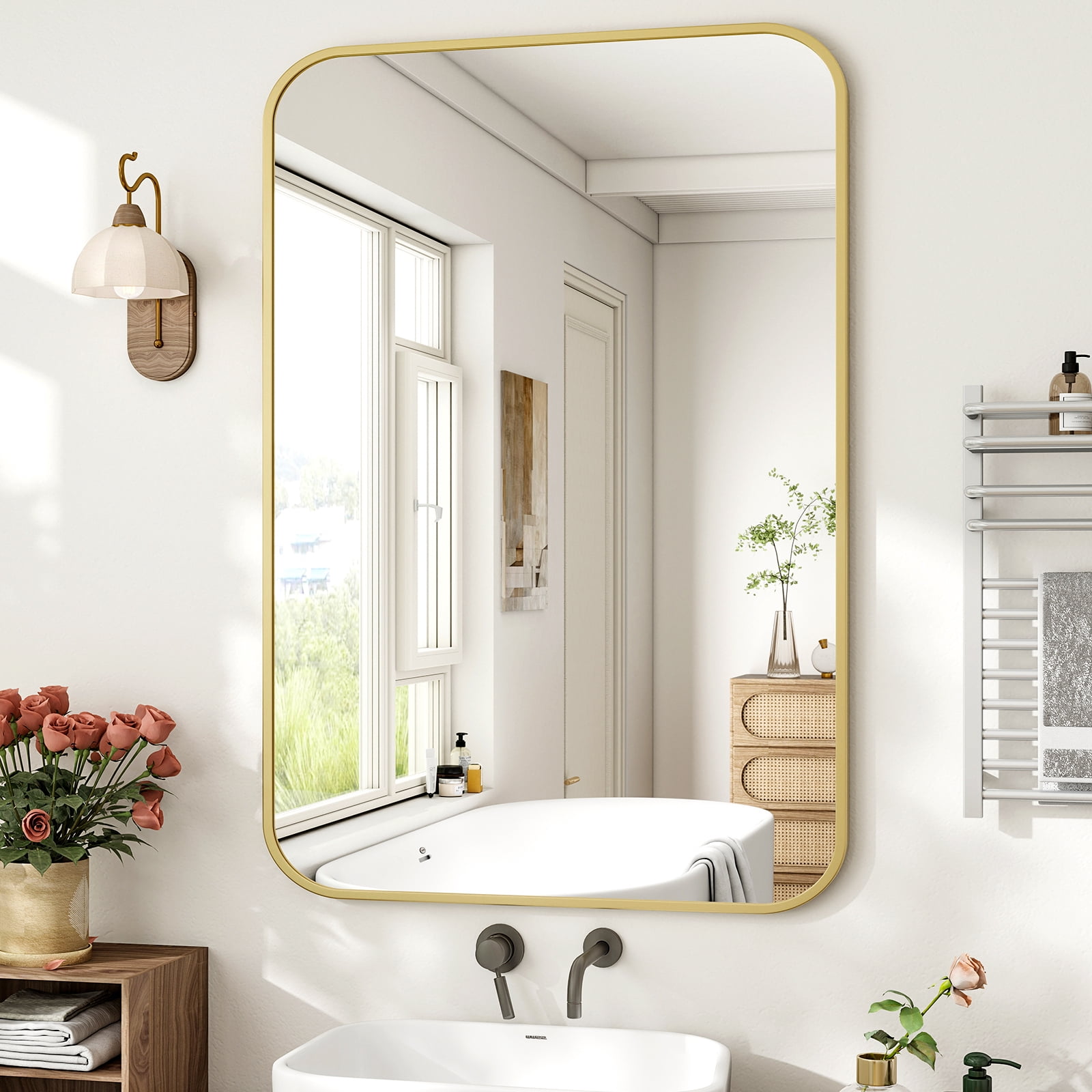 SHATTERVIEW 30"x40" Bathroom Mirror Wall-Mounted Vanity Mirror with Rectangular Metal Frame, Gold