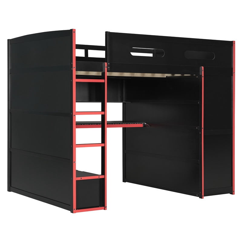 Full Size Wooden Loft Bed with Desk, Wardrobe and Storage Shelves, Gaming Loft Bed Frame with RGB LED Light, USB Charging Port and Built-In Workstation for Bedroom