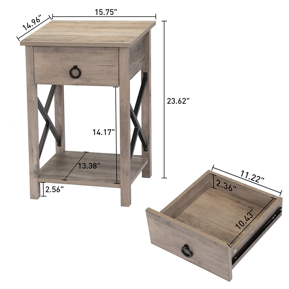 Private Jungle Single Farmhouse Nightstand Wood End Table Bed Sofa Side Table w/Drawer Bedroom Decor,Rustic Gray + Black