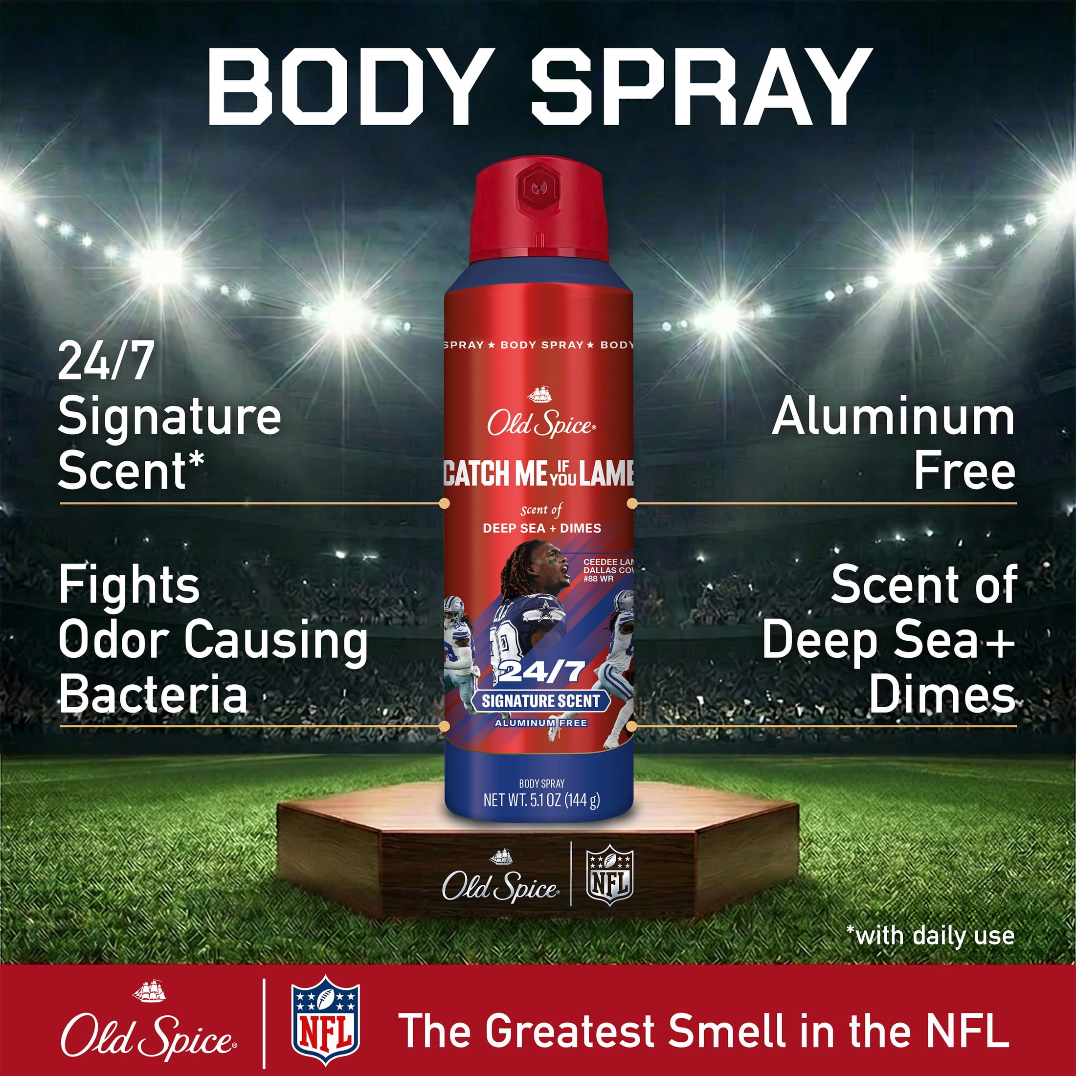 Old Spice Deodorant Body Spray for Men, Aluminum Free, NFL Collection, Ceedee Lamb, Scent of Deep Sea + Dimes, 5.1 oz