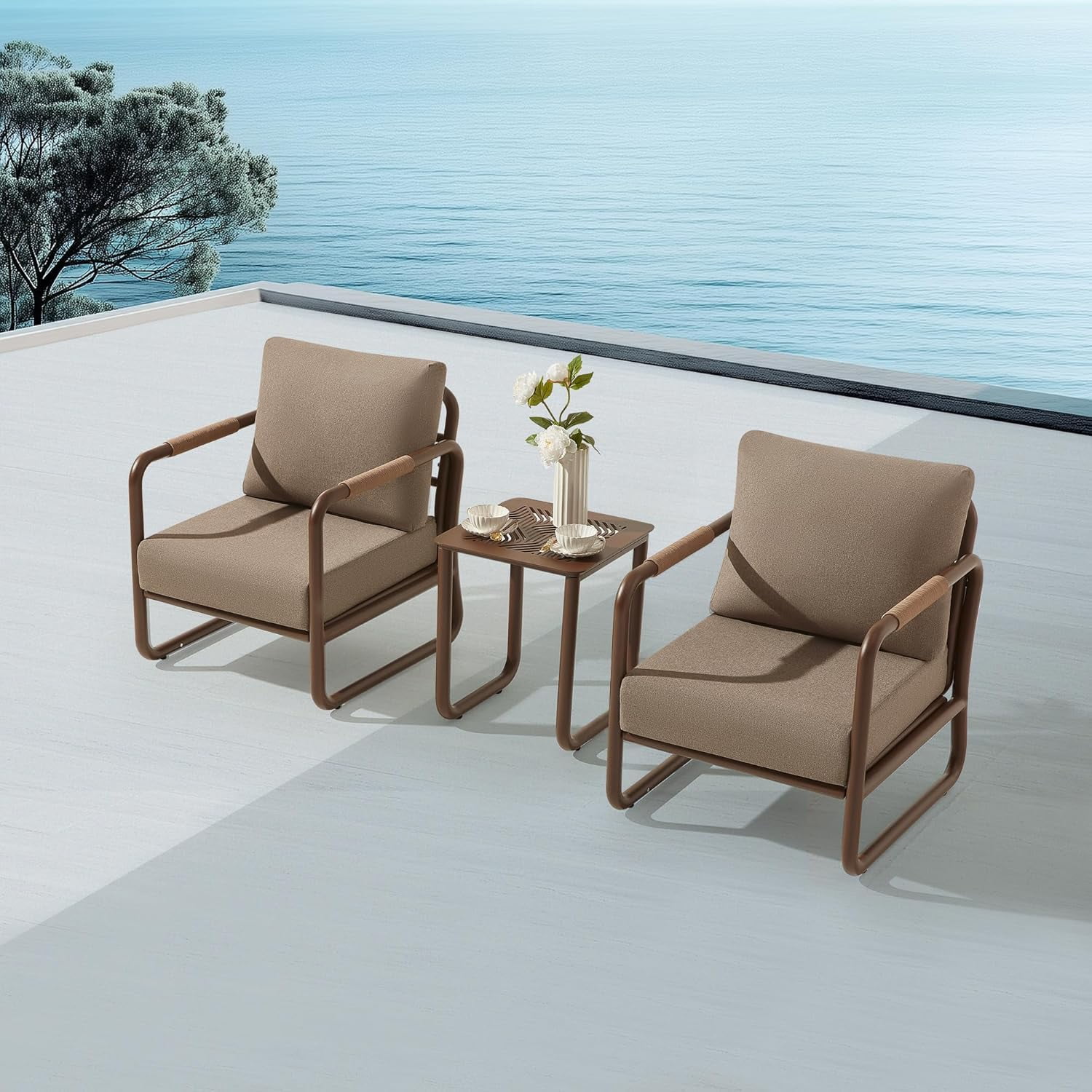 MBY Aluminum Outdoor Patio Furniture Set, 2-Seat Sofa with Coffee Table and Cushions, Weather-Resistant for Garden or Pool-Brown
