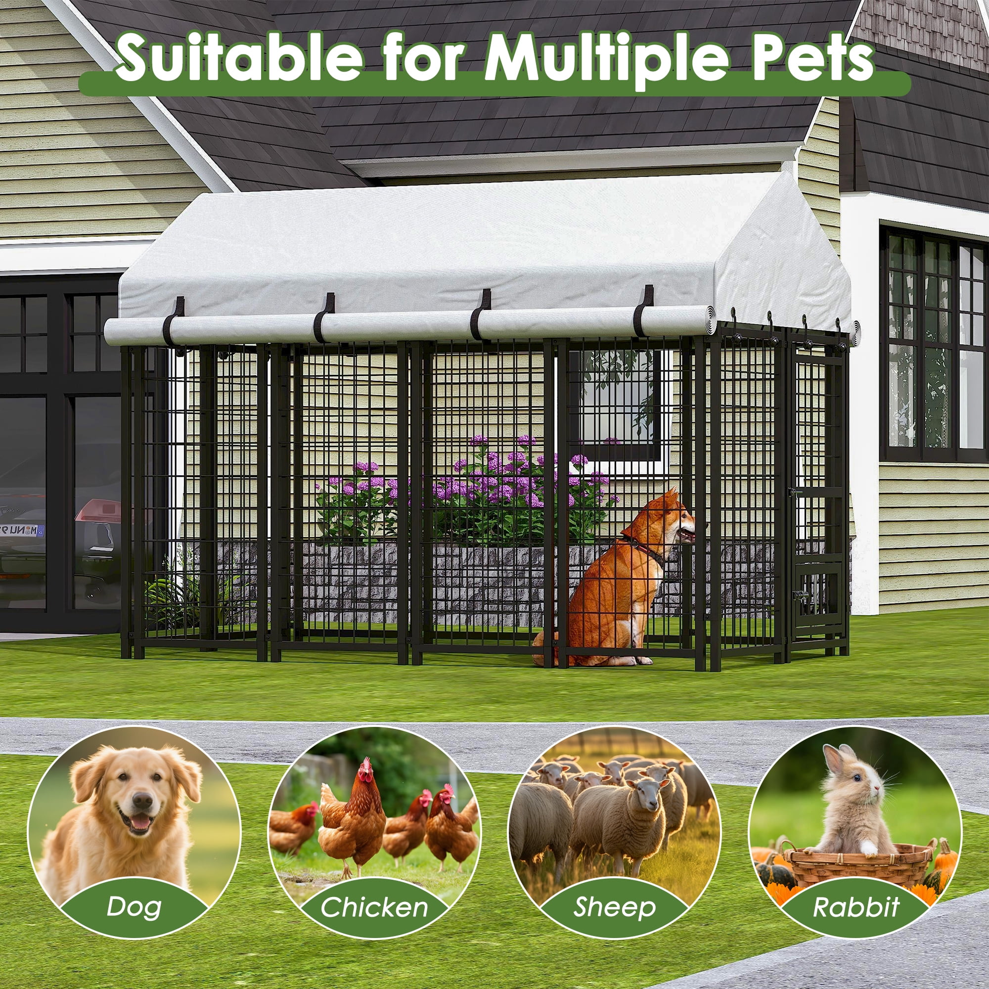 Timagebreze Heavy Duty Outdoor Dog Kennel, Welded Steel Wire Playpen with UV-Resistant Roof & Lock for Large Dogs,8x4x6 FT